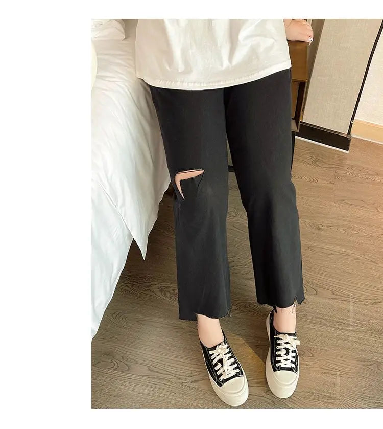 2023 Spring Autumn Loose Casual Jeans Fashion Trousers Ripped Straight Leg High Waist Bottom Solid Plus Size Cropped Pants Women