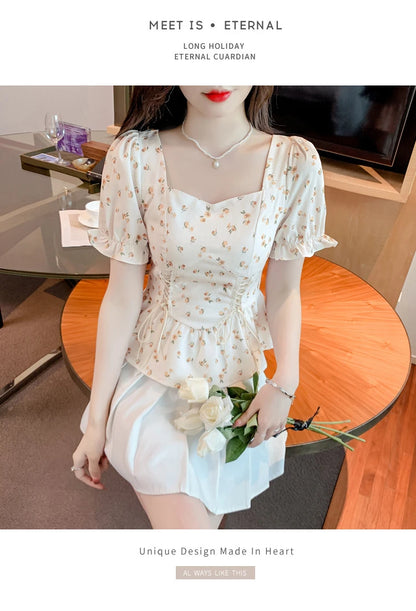 Vintage Summer Printed Blouses Women 2024 Casual Puff Sleeve Ladies Crop Tops Flower Korean Style Slim Retro Chiffon Shirts Y2k