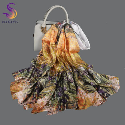 [BYSIFA] Ultralarge Spring Autumn Silk Scarf Wraps Brand Female Long Scarf Cape Fashion New Design Lace Pattern Blue Silk Scarf