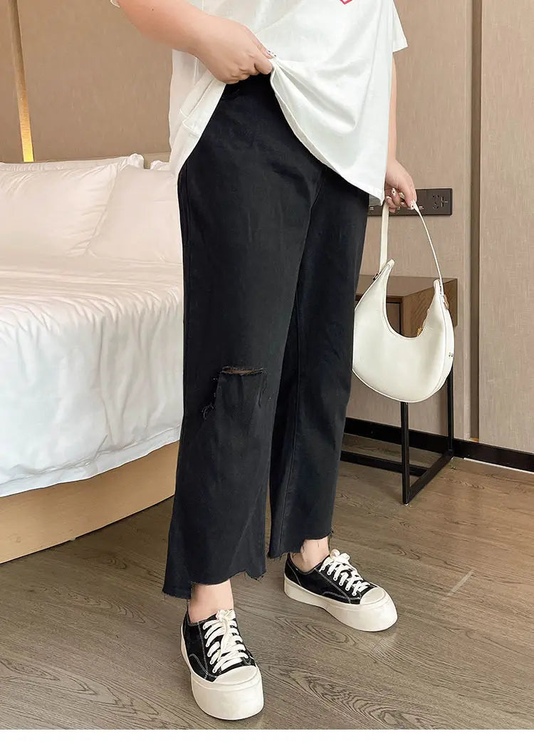 2023 Spring Autumn Loose Casual Jeans Fashion Trousers Ripped Straight Leg High Waist Bottom Solid Plus Size Cropped Pants Women