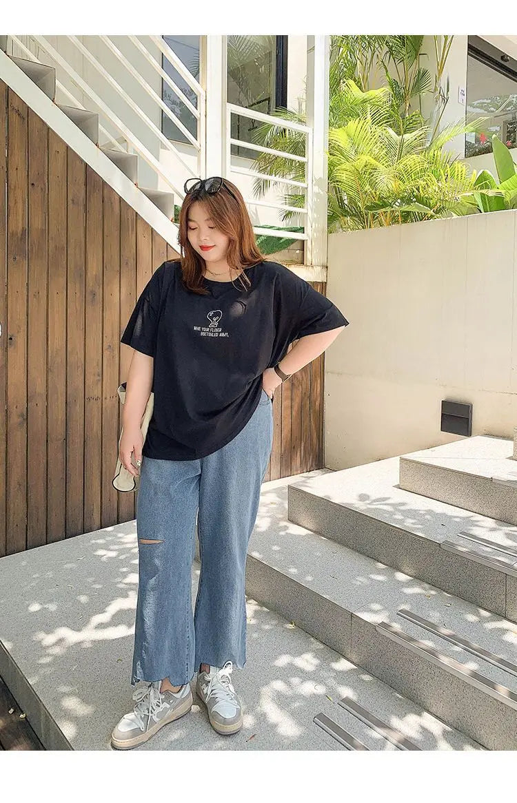 2023 Spring Autumn Loose Casual Jeans Fashion Trousers Ripped Straight Leg High Waist Bottom Solid Plus Size Cropped Pants Women