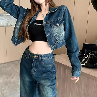 2023 Autumn Denim Coat Jeans Suits Womens Outfits Vintage Washed Short Jean Jackets + Wide Leg Jeans Denim Pants Two Piece Sets