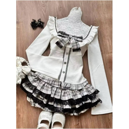 Kawaii Women Two Pieces Set Korean Cute Slim Bow Y2k Aesthetic Crop Top + Fashion Sexy Plaid Lace Patchwork Pleated Mini Skirts