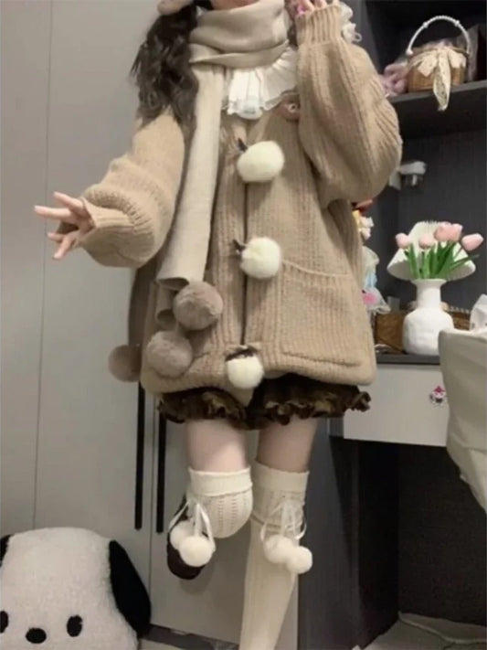 Preppy Style Sweet Retro Knitted 2 Piece Set Brown Cardigan + Pleated Mini Skirt Winter Knit Vintage Sweater Casual Fairy Suits