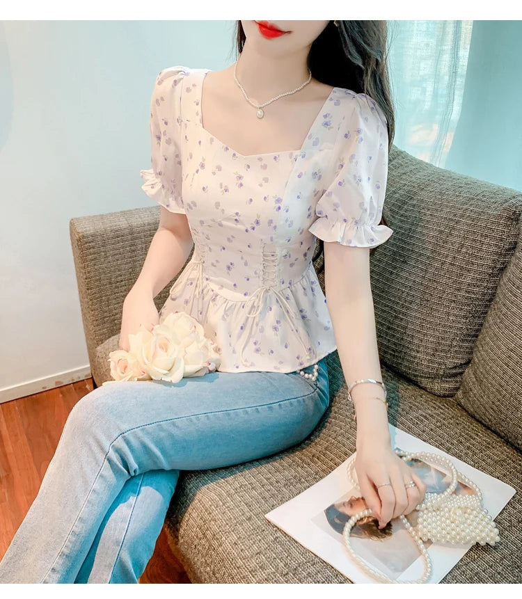 Vintage Summer Printed Blouses Women 2024 Casual Puff Sleeve Ladies Crop Tops Flower Korean Style Slim Retro Chiffon Shirts Y2k