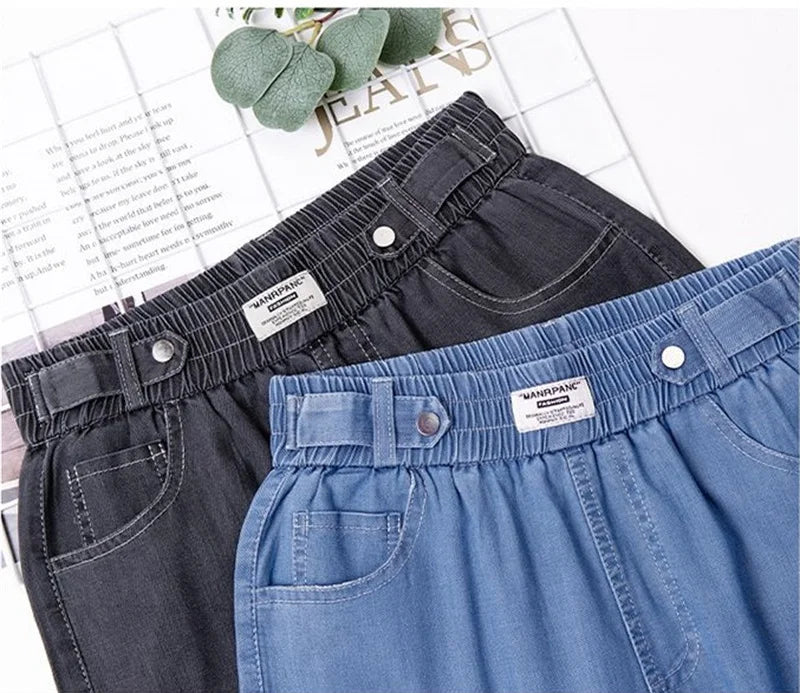 High-Quality Jeans Women's Summer Thin New Style 2024 Cowboy Pants High Waist Ice Silk Nine Points Harlan Denim Trousers Female