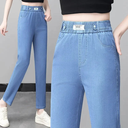 High-Quality Jeans Women's Summer Thin New Style 2024 Cowboy Pants High Waist Ice Silk Nine Points Harlan Denim Trousers Female