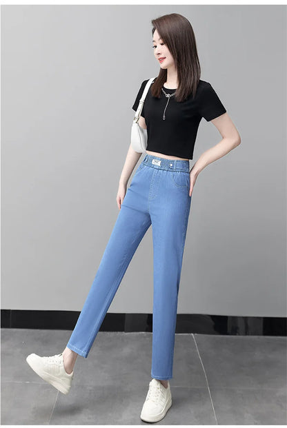 High-Quality Jeans Women's Summer Thin New Style 2024 Cowboy Pants High Waist Ice Silk Nine Points Harlan Denim Trousers Female