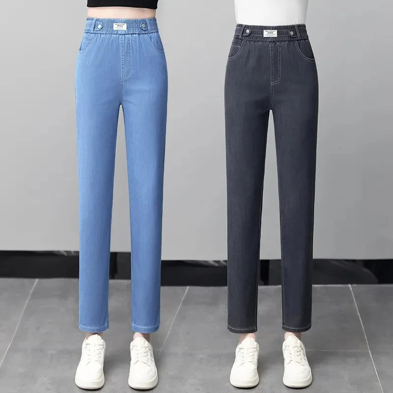 High-Quality Jeans Women's Summer Thin New Style 2024 Cowboy Pants High Waist Ice Silk Nine Points Harlan Denim Trousers Female