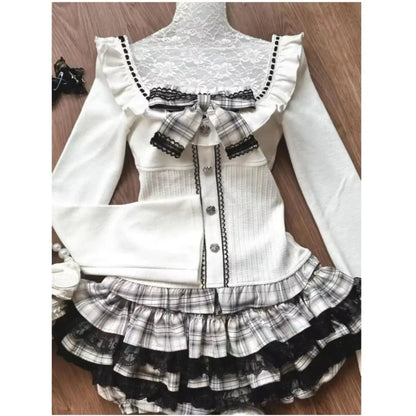 Kawaii Women Two Pieces Set Korean Cute Slim Bow Y2k Aesthetic Crop Top + Fashion Sexy Plaid Lace Patchwork Pleated Mini Skirts