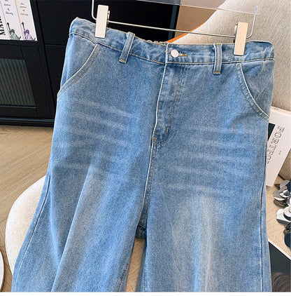 Plus-size women's fall casual commute baggy comfort jeans Dark blue high-waist-straight leg button pocket long wide-leg pants