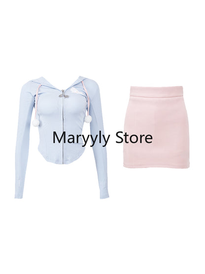 2023 Summer Elegant Long Sleeve Crop Tops + Pure Color Mini Skirts 2 Piece Dress Set Female Y2k Bodycon French Party Suits Style