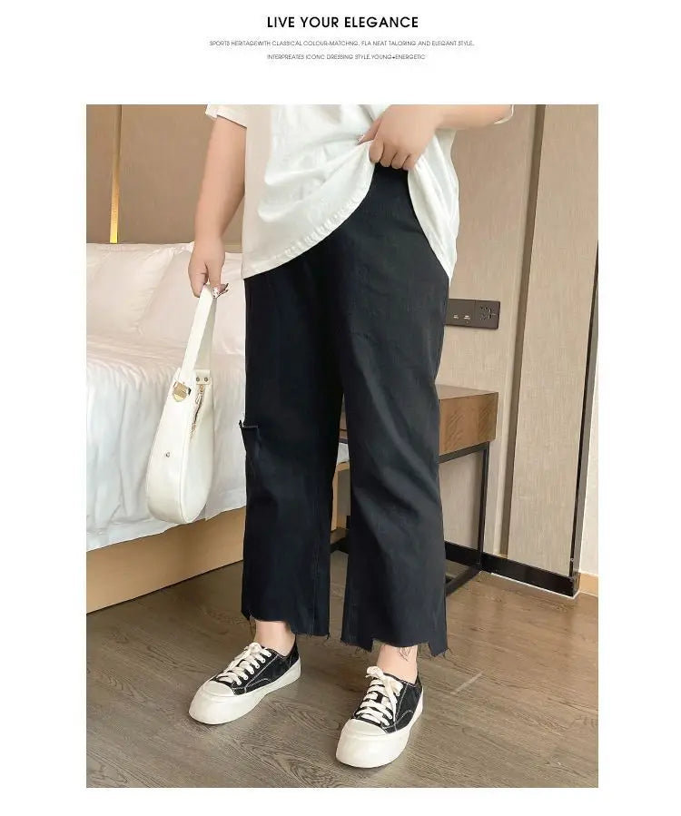 2023 Spring Autumn Loose Casual Jeans Fashion Trousers Ripped Straight Leg High Waist Bottom Solid Plus Size Cropped Pants Women