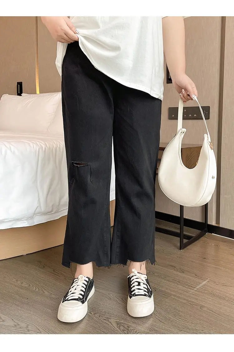 2023 Spring Autumn Loose Casual Jeans Fashion Trousers Ripped Straight Leg High Waist Bottom Solid Plus Size Cropped Pants Women