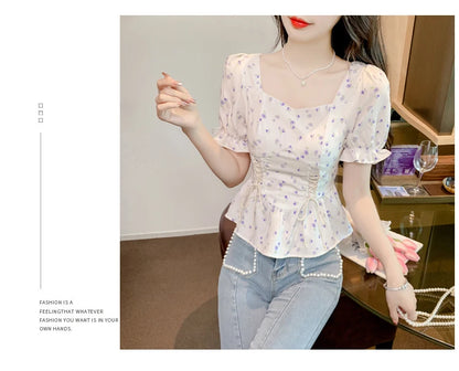 Vintage Summer Printed Blouses Women 2024 Casual Puff Sleeve Ladies Crop Tops Flower Korean Style Slim Retro Chiffon Shirts Y2k