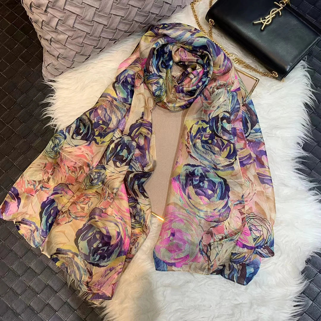 [BYSIFA] Ultralarge Spring Autumn Silk Scarf Wraps Brand Female Long Scarf Cape Fashion New Design Lace Pattern Blue Silk Scarf