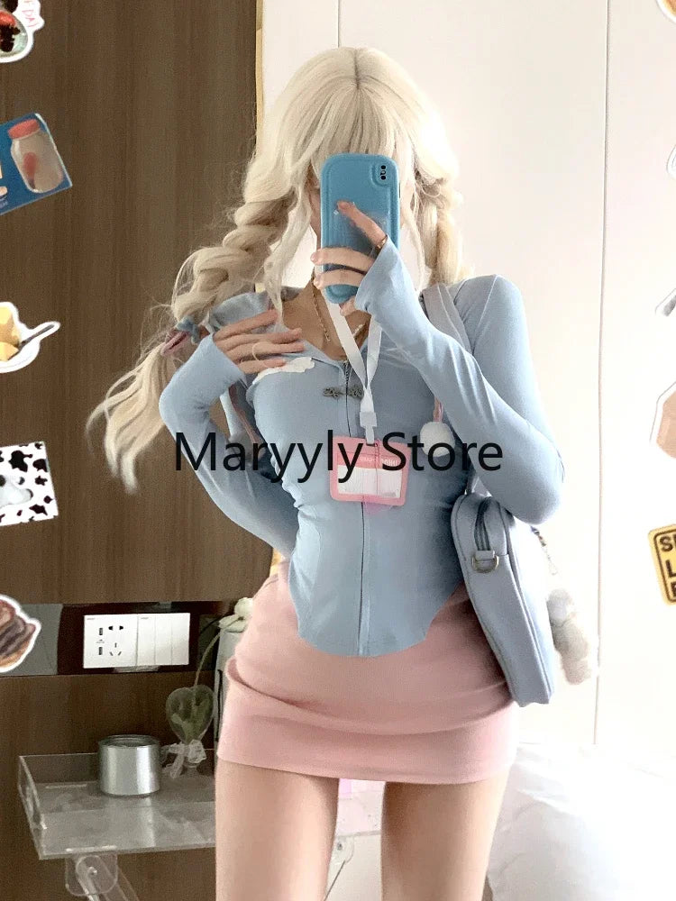 2023 Summer Elegant Long Sleeve Crop Tops + Pure Color Mini Skirts 2 Piece Dress Set Female Y2k Bodycon French Party Suits Style