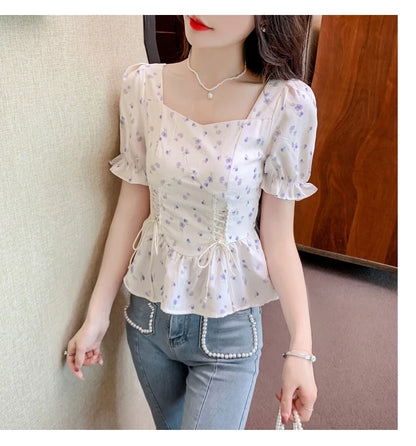 Vintage Summer Printed Blouses Women 2024 Casual Puff Sleeve Ladies Crop Tops Flower Korean Style Slim Retro Chiffon Shirts Y2k