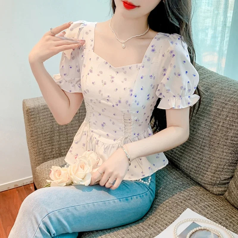 Vintage Summer Printed Blouses Women 2024 Casual Puff Sleeve Ladies Crop Tops Flower Korean Style Slim Retro Chiffon Shirts Y2k