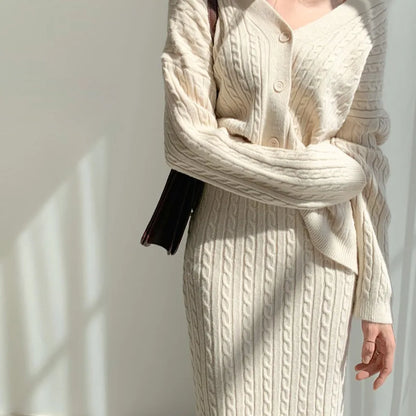 Women Full Sleeve Coats Korean Sweaters V Neck Cardigan Loose Two Piece Sets Solid Knitted Package Hip Skirt Set 2023 Autumn