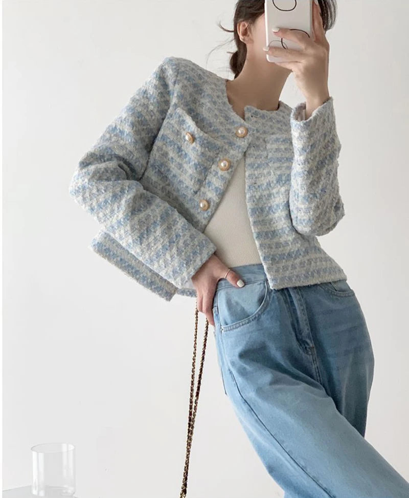 Vintage Crop Jackets Women Autumn Winter French Elegant Loose Preppy Style Coat O Neck All Match Casual Striped Jacket Tops