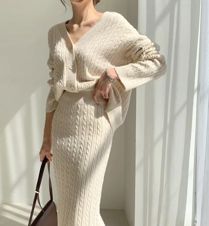 Women Full Sleeve Coats Korean Sweaters V Neck Cardigan Loose Two Piece Sets Solid Knitted Package Hip Skirt Set 2023 Autumn