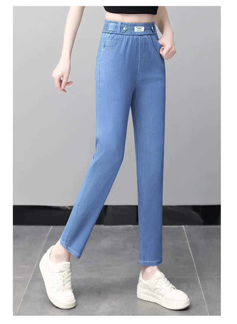 High-Quality Jeans Women's Summer Thin New Style 2024 Cowboy Pants High Waist Ice Silk Nine Points Harlan Denim Trousers Female