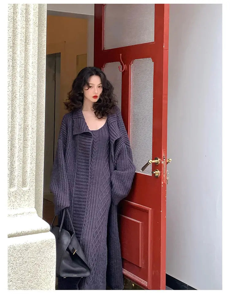 2024 Winter Hong Kong Style Retro Casual Knitted Cardigan Two-piece Set for Women Autumn/Winter New Mid-length Coat and Dress