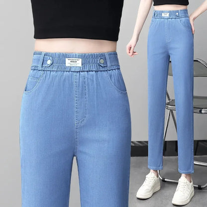 High-Quality Jeans Women's Summer Thin New Style 2024 Cowboy Pants High Waist Ice Silk Nine Points Harlan Denim Trousers Female