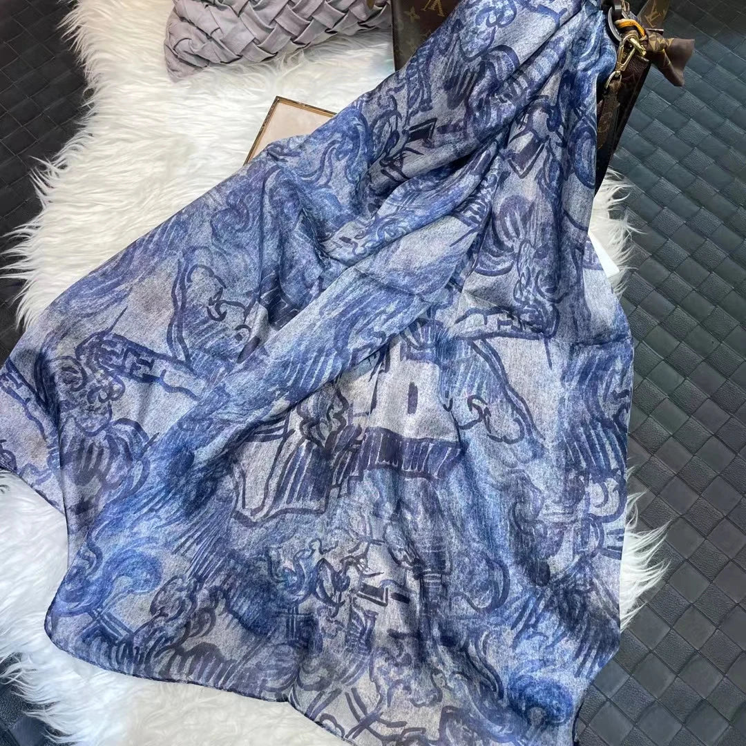 [BYSIFA] Ultralarge Spring Autumn Silk Scarf Wraps Brand Female Long Scarf Cape Fashion New Design Lace Pattern Blue Silk Scarf