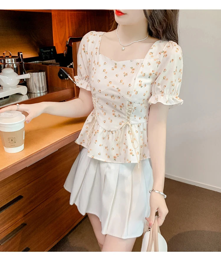 Vintage Summer Printed Blouses Women 2024 Casual Puff Sleeve Ladies Crop Tops Flower Korean Style Slim Retro Chiffon Shirts Y2k