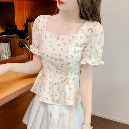 Vintage Summer Printed Blouses Women 2024 Casual Puff Sleeve Ladies Crop Tops Flower Korean Style Slim Retro Chiffon Shirts Y2k