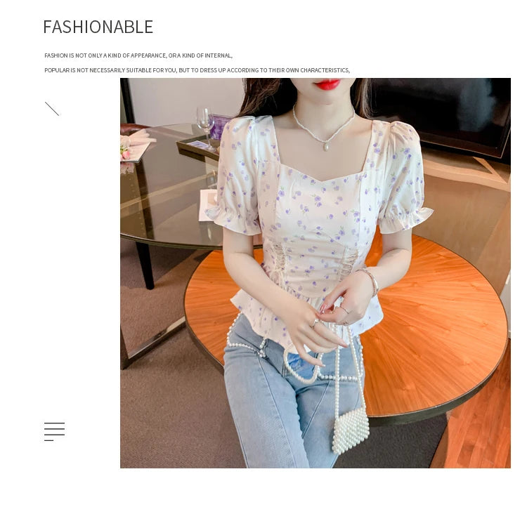 Vintage Summer Printed Blouses Women 2024 Casual Puff Sleeve Ladies Crop Tops Flower Korean Style Slim Retro Chiffon Shirts Y2k