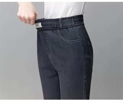 High-Quality Jeans Women's Summer Thin New Style 2024 Cowboy Pants High Waist Ice Silk Nine Points Harlan Denim Trousers Female