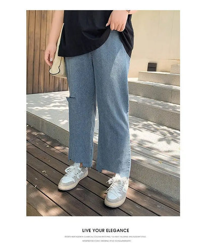 2023 Spring Autumn Loose Casual Jeans Fashion Trousers Ripped Straight Leg High Waist Bottom Solid Plus Size Cropped Pants Women