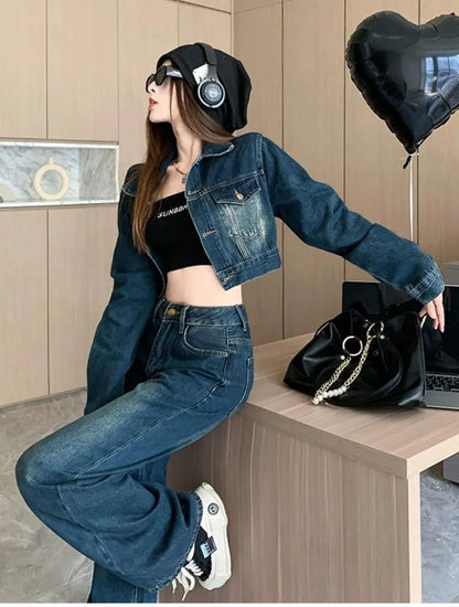 2023 Autumn Denim Coat Jeans Suits Womens Outfits Vintage Washed Short Jean Jackets + Wide Leg Jeans Denim Pants Two Piece Sets