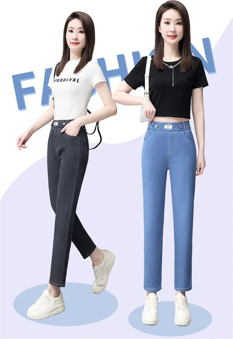 High-Quality Jeans Women's Summer Thin New Style 2024 Cowboy Pants High Waist Ice Silk Nine Points Harlan Denim Trousers Female