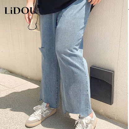 2023 Spring Autumn Loose Casual Jeans Fashion Trousers Ripped Straight Leg High Waist Bottom Solid Plus Size Cropped Pants Women