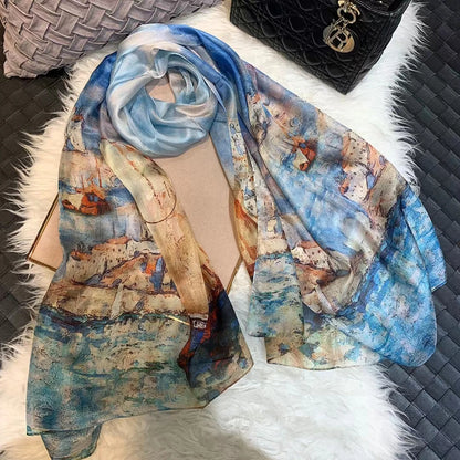 [BYSIFA] Ultralarge Spring Autumn Silk Scarf Wraps Brand Female Long Scarf Cape Fashion New Design Lace Pattern Blue Silk Scarf