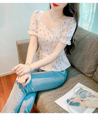 Vintage Summer Printed Blouses Women 2024 Casual Puff Sleeve Ladies Crop Tops Flower Korean Style Slim Retro Chiffon Shirts Y2k