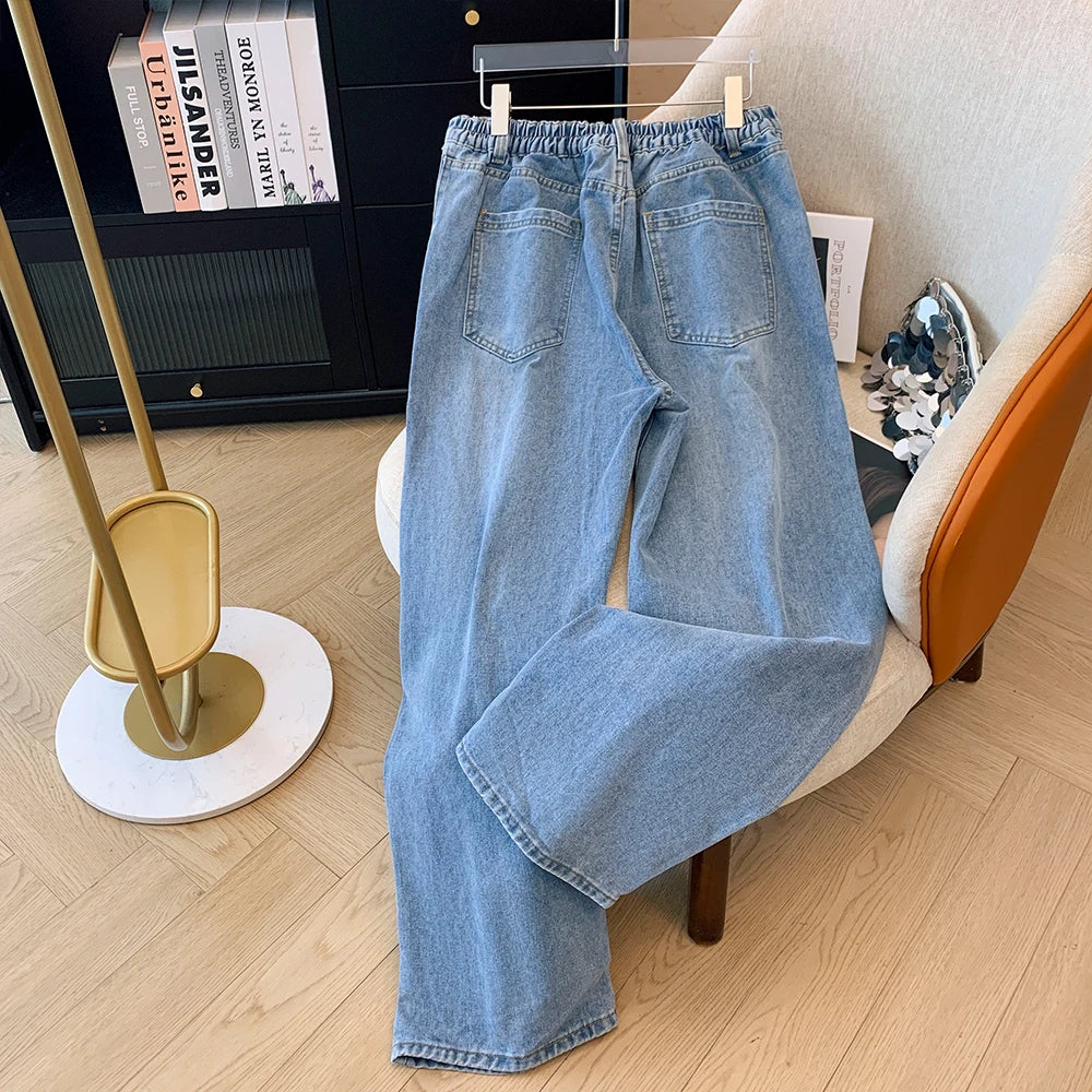 Plus-size women's fall casual commute baggy comfort jeans Dark blue high-waist-straight leg button pocket long wide-leg pants