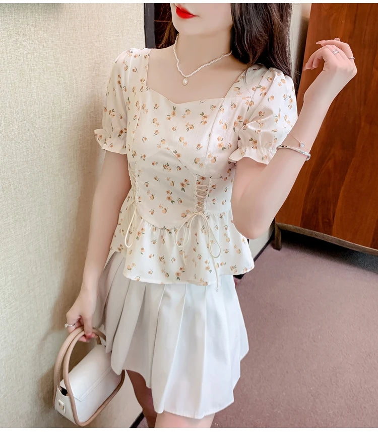 Vintage Summer Printed Blouses Women 2024 Casual Puff Sleeve Ladies Crop Tops Flower Korean Style Slim Retro Chiffon Shirts Y2k