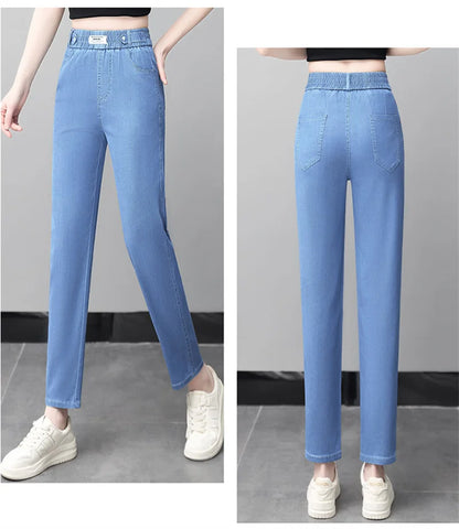 High-Quality Jeans Women's Summer Thin New Style 2024 Cowboy Pants High Waist Ice Silk Nine Points Harlan Denim Trousers Female