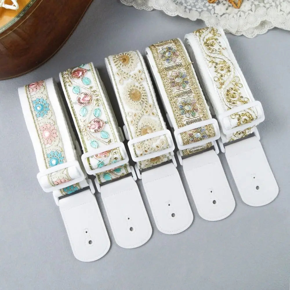 Pearl Embroidery Guitar Strap Widening Adjustable Electric Guitar Belts Guitar Accessories Leather Ends