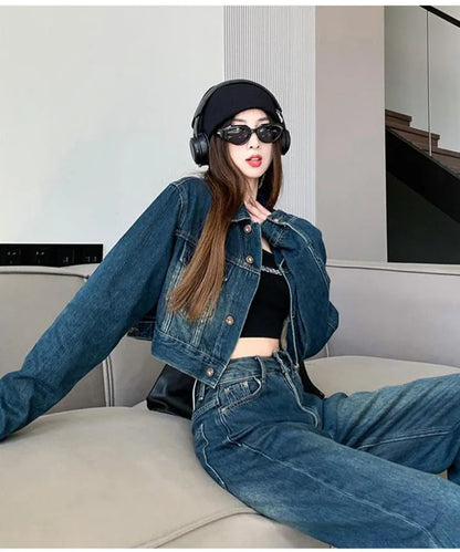 2023 Autumn Denim Coat Jeans Suits Womens Outfits Vintage Washed Short Jean Jackets + Wide Leg Jeans Denim Pants Two Piece Sets