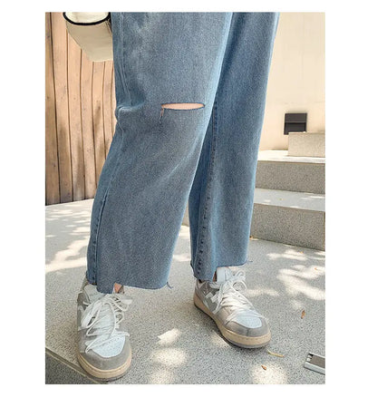 2023 Spring Autumn Loose Casual Jeans Fashion Trousers Ripped Straight Leg High Waist Bottom Solid Plus Size Cropped Pants Women