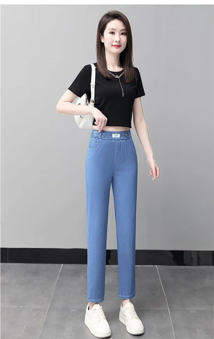 High-Quality Jeans Women's Summer Thin New Style 2024 Cowboy Pants High Waist Ice Silk Nine Points Harlan Denim Trousers Female