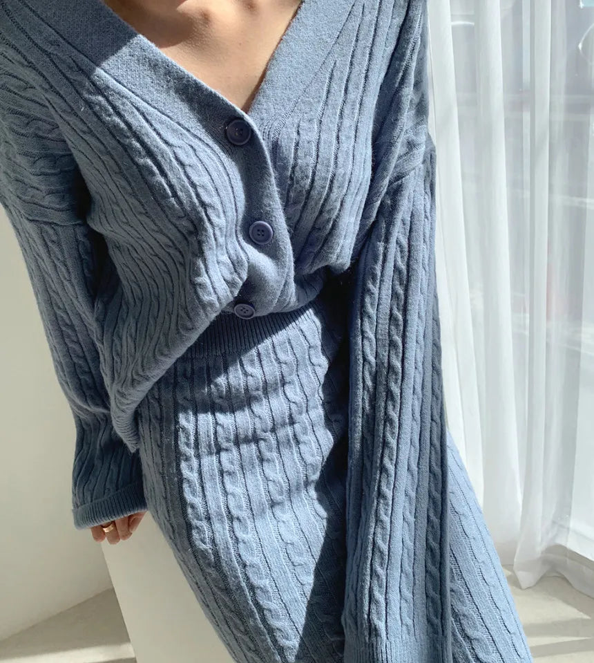 Women Full Sleeve Coats Korean Sweaters V Neck Cardigan Loose Two Piece Sets Solid Knitted Package Hip Skirt Set 2023 Autumn