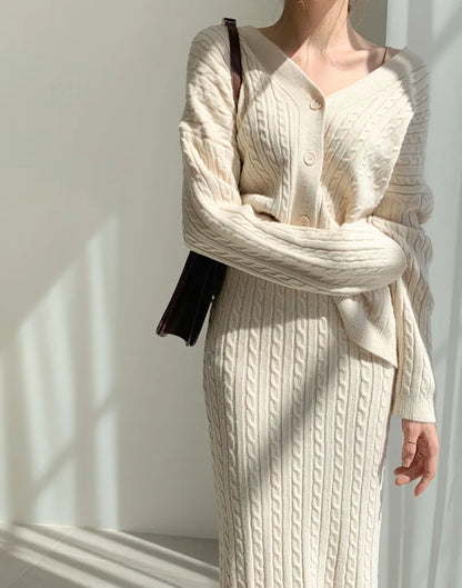 Women Full Sleeve Coats Korean Sweaters V Neck Cardigan Loose Two Piece Sets Solid Knitted Package Hip Skirt Set 2023 Autumn