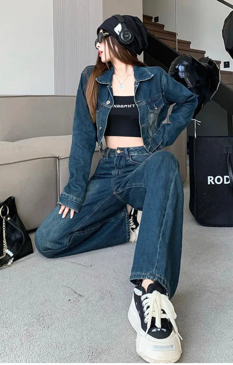 2023 Autumn Denim Coat Jeans Suits Womens Outfits Vintage Washed Short Jean Jackets + Wide Leg Jeans Denim Pants Two Piece Sets